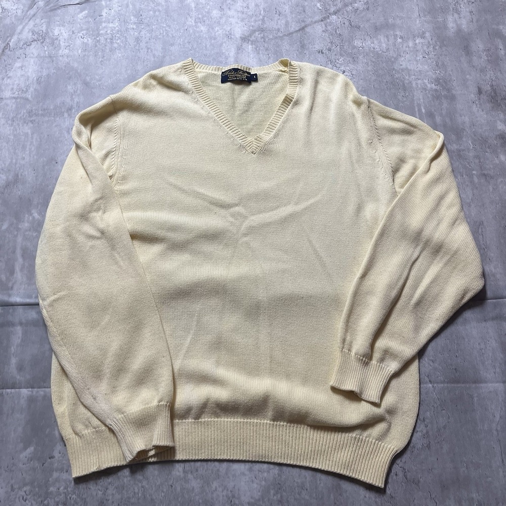 Brooks Brothers 346 V Neck Sweater Butter Yellow Cotton Knit Sweater Mens L